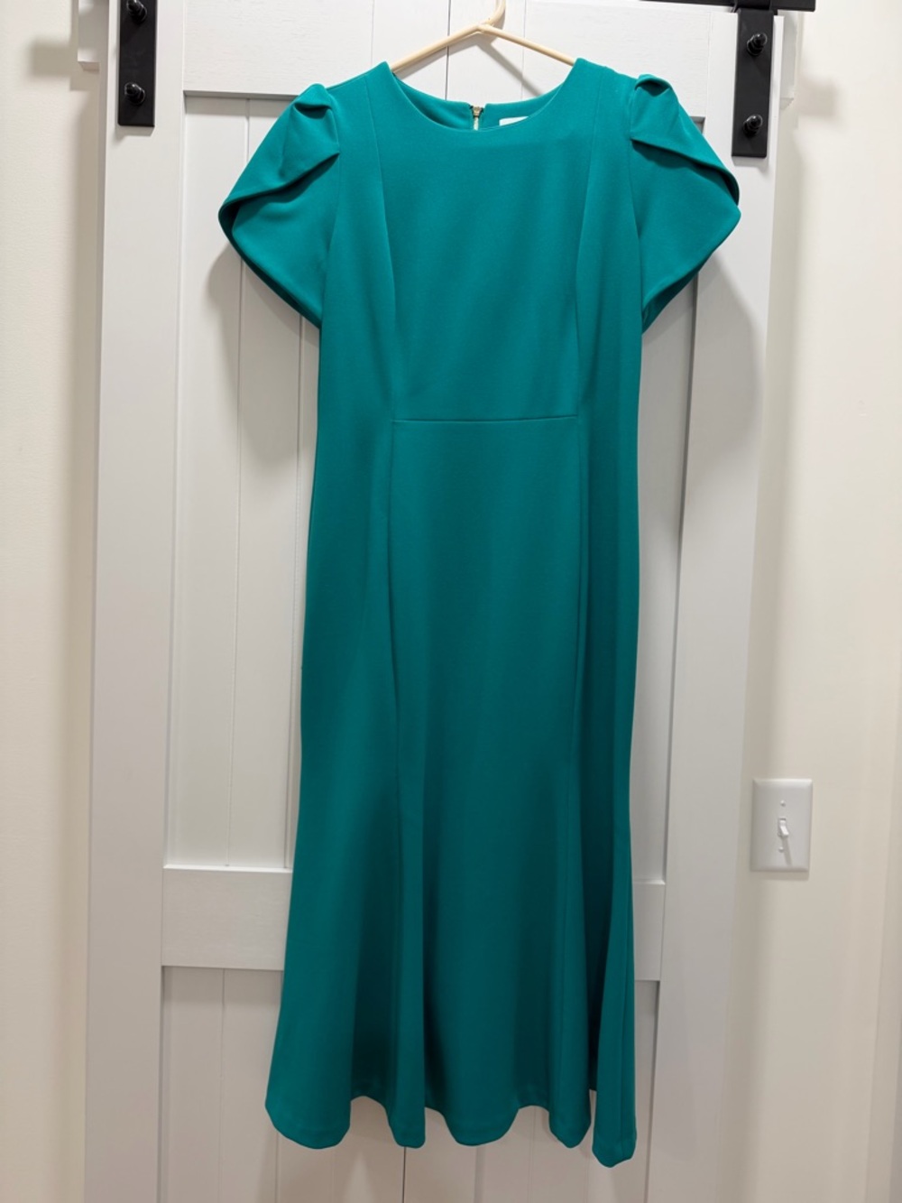 Calvin Klein Teal Midi Dress with Puff Sleeve Detail